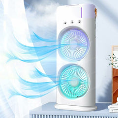 Mini Air Cooler Fan with Mist Spray Dual Fan Portable Air Cooler Adjustable Wind Speed & Spray Modes LED Light Cooling Fan for Home Office & Outdoor Use