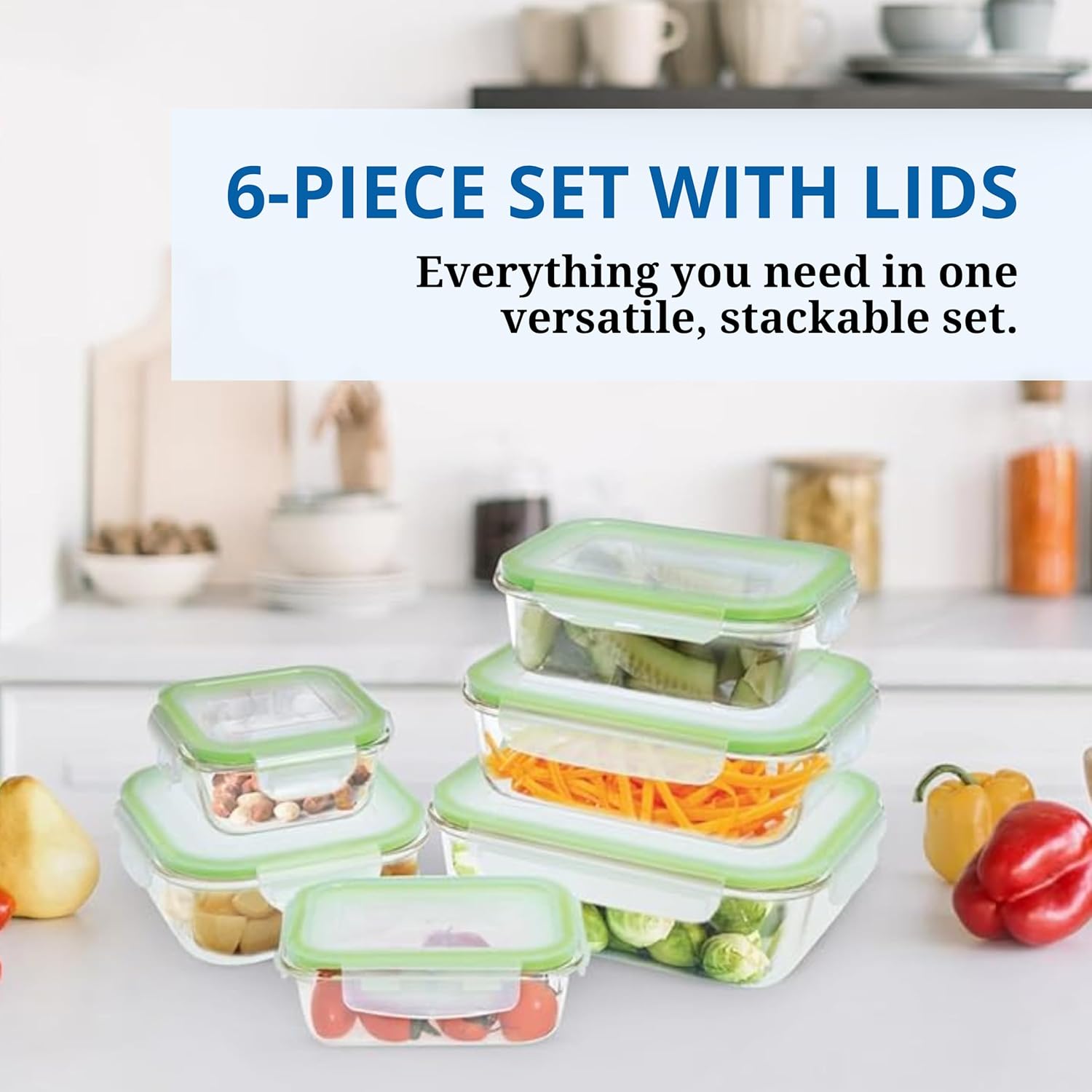 Westinghouse, 6-Piece Glass Food Storage Container Set - Airtight Lids - 320ml to 1520ml