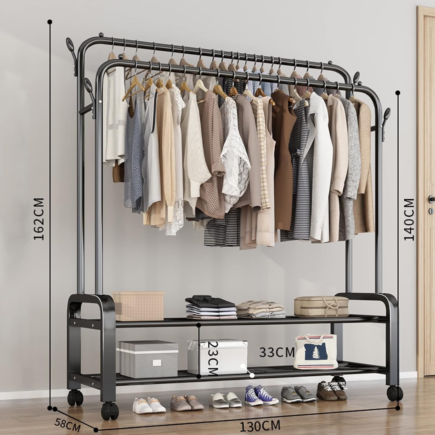 Double Layer Metal Clothes Rack with Wheels