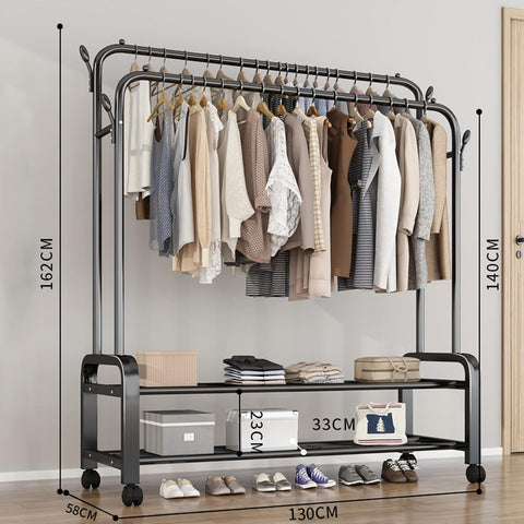 Double Layer Metal Clothes Rack with Wheels