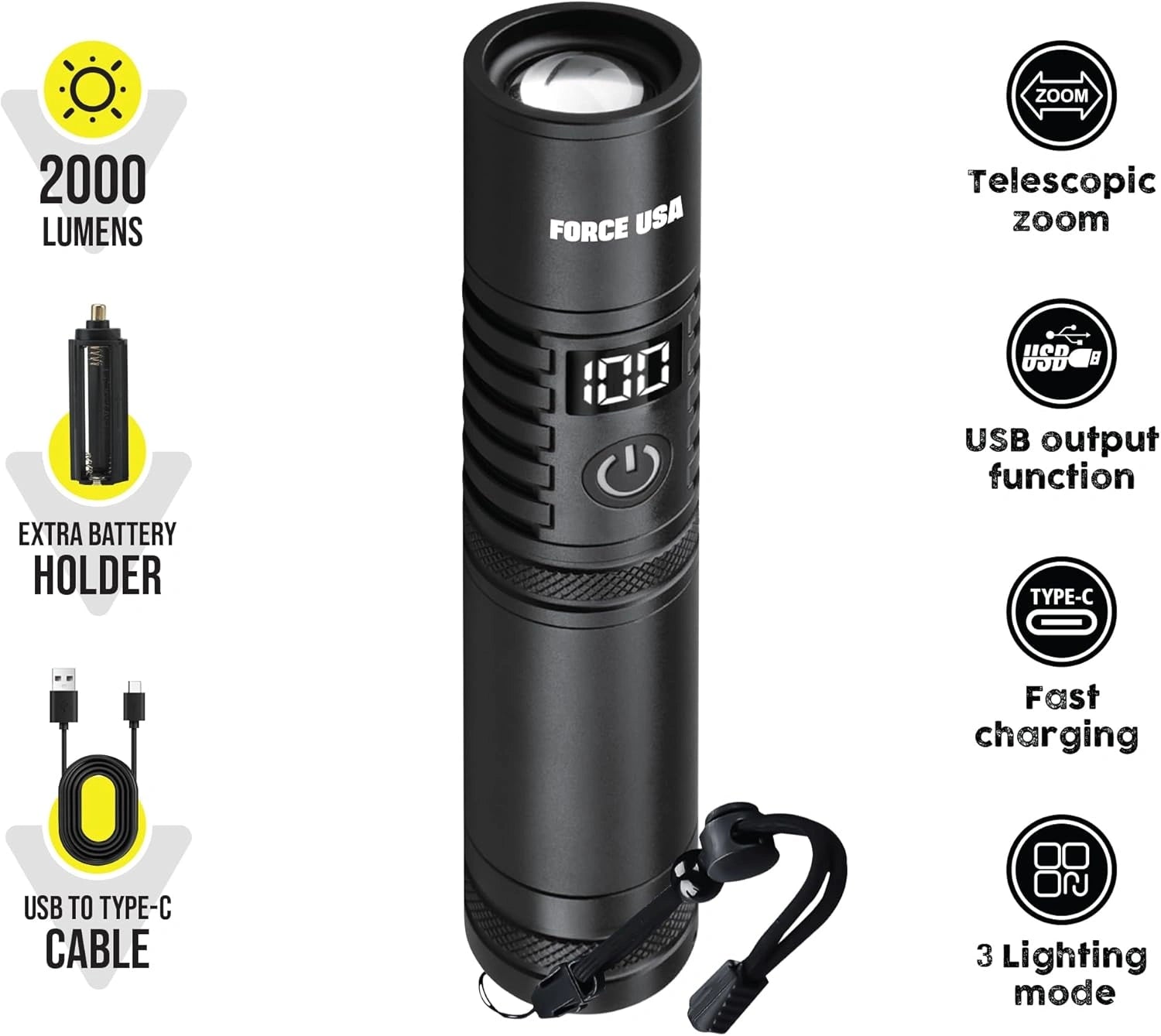 BSON Force USA Telescopic Flashlight - 2000 Lumens, Adjustable Focus Beam