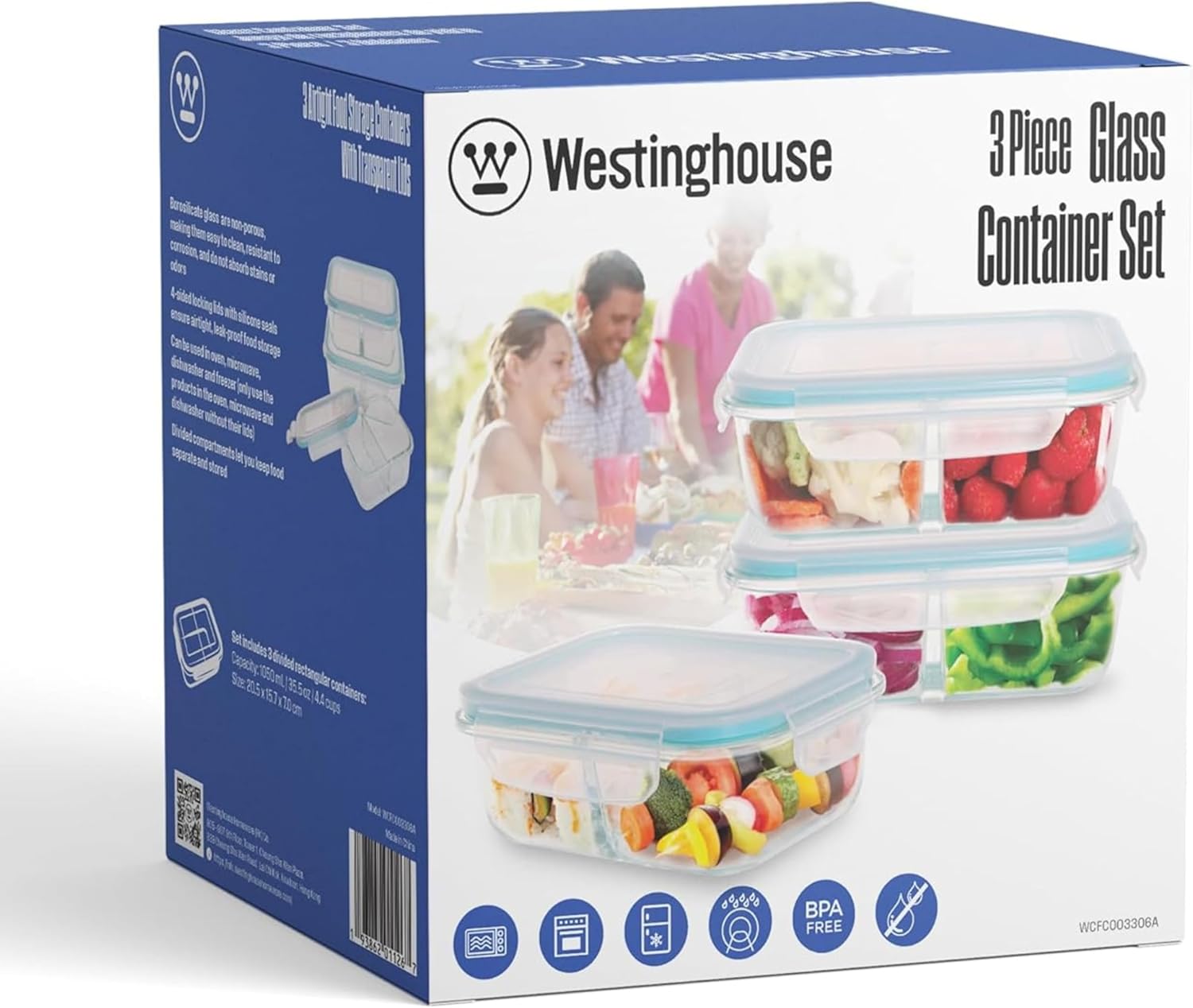 Westinghouse, 3-Piece Glass Food Storage Container Set - Airtight Lids - 1050ml Each