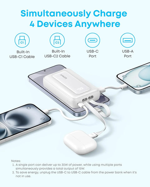 Anker Zolo Power Bank (10K, 35W, Built-In Dual USB-C Cables) - White