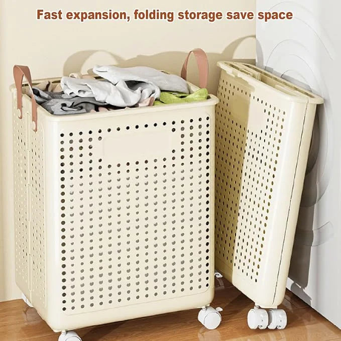 • Khamsan 55L Large Rolling Laundry Basket, Foldable with Handle
