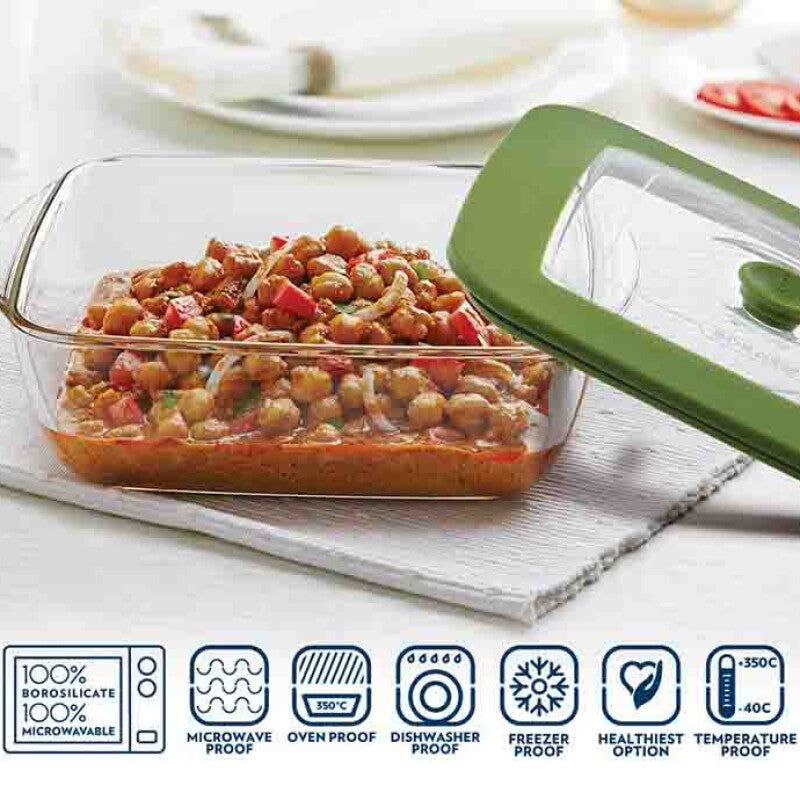Borosil Square Borosilicate Glass Baking and Storage Dish with Green Airtight Lid