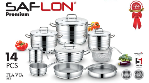 Saflon Stainless Steel Premium Cookware Set 14 Pieces Pots 20+24 +28 cm + 26cm Shallow Pot + 24cm Frypan + Suace Pan 18 cm + Milk Pot + Tray 26 + Stainless Steel Basket 22 cm