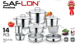 Saflon Stainless Steel Premium Cookware Set 14 Pieces Pots 20+24 +28 cm + 26cm Shallow Pot + 24cm Frypan + Suace Pan 18 cm + Milk Pot + Tray 26 + Stainless Steel Basket 22 cm