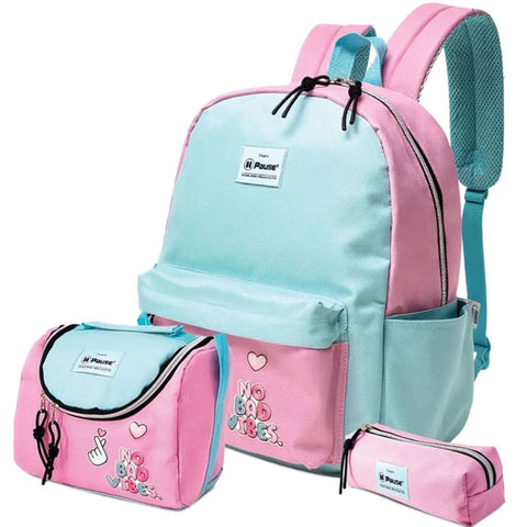 Pink and light blue backpack with matching lunch bag and pencil case on a white background