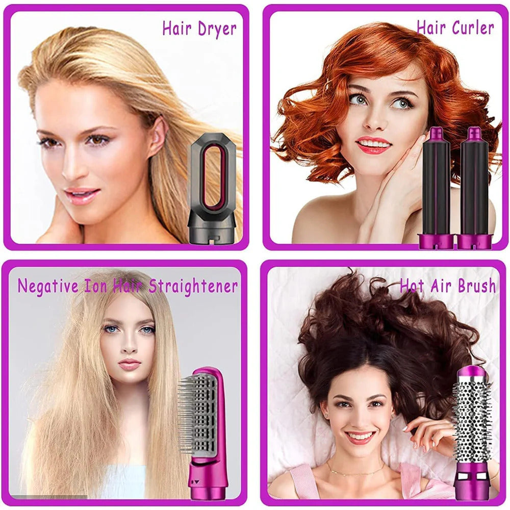 5 In 1 Hair Rotating Hair Dryer Hair Straightener Comb Curling Brush 5 interchangeable barrels