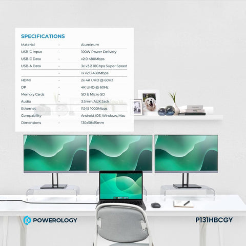 Powerology, 13-in-1 USB-C Hub, 4K HDMI, 100W PD, Ethernet, SD/MicroSD, 3.5mm AUX