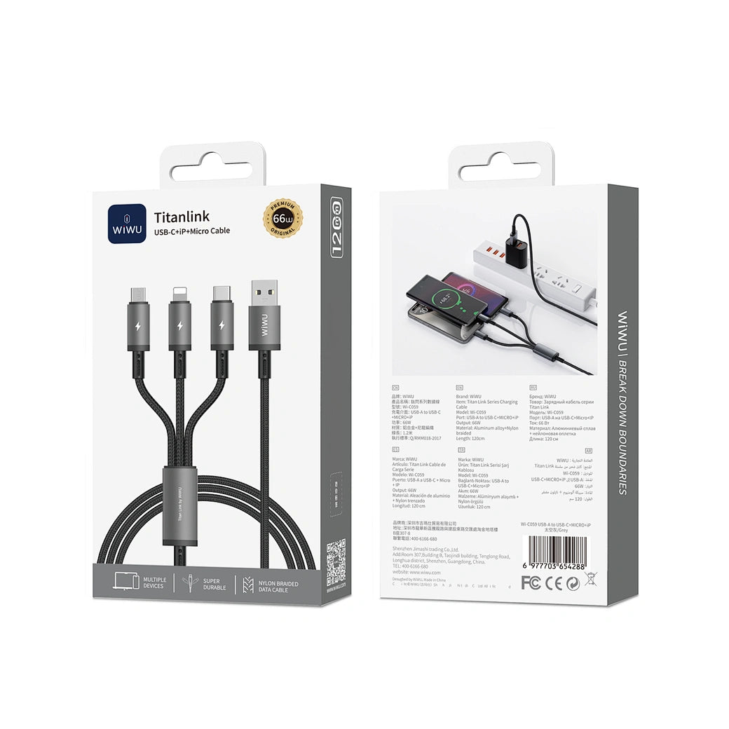 WiWU Titanlink 66W 3-in-1 Charging Cable 1.2m – USB-A to Type-C, Micro & Lightning