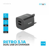 باوا PW-TCRT31UK-BK، شاحن حائط رجعي بقدرة 3.1A مزدوج USB - بريطاني