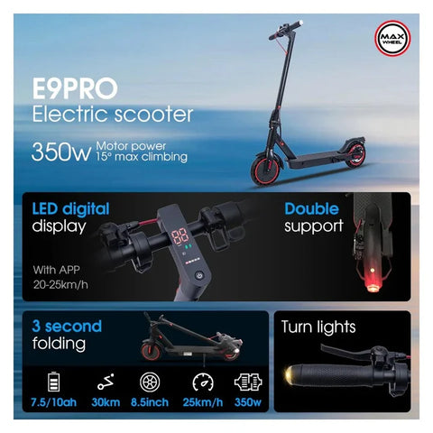 زويل سكوتر كهربائي قابل للطي E9Pro، سرعة قصوى 30 كم/ساعة، مقاس العجلات 8.5 بوصة، قوة المحرك 350 واط – كرتون مفتوح