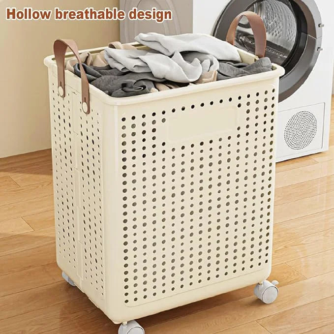 • Khamsan 55L Large Rolling Laundry Basket, Foldable with Handle