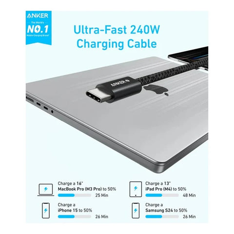 Anker Zolo USB-C to USB-C Cable 240 W Braided (1.8 M/6 ft) - Black