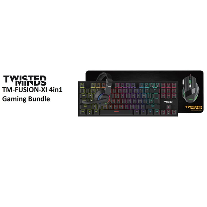 Twisted Minds 4in1 Gaming Bundle, Wired Keyboard DPI Adjustable Mouse, Rainbow Static Headset, Mouse Pad