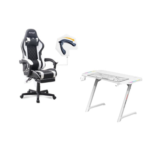 Gamax Bundles: Gaming Chair Model 1-LT001L + TD-03 Carbon Fiber Gaming Table (White)