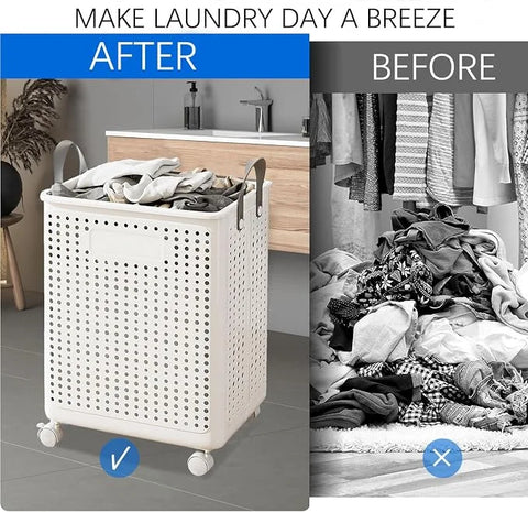 • Khamsan 55L Large Rolling Laundry Basket, Foldable with Handle