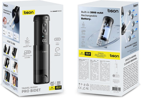 BSON Travel Buddy Pro Bidet - 180° Adjustable Nozzle, 5 Water Flow Modes, 8 Nozzles, 250ml Capacity, IP67 Waterproof, Long-Life Battery, Type-C Charging, Digital Display