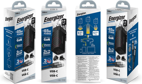 Ultimate 65W PD/QC Wall Charger with Universal Plug- GaN Technology- Dual Output- USB-C to USB-C Braided Cable- Black