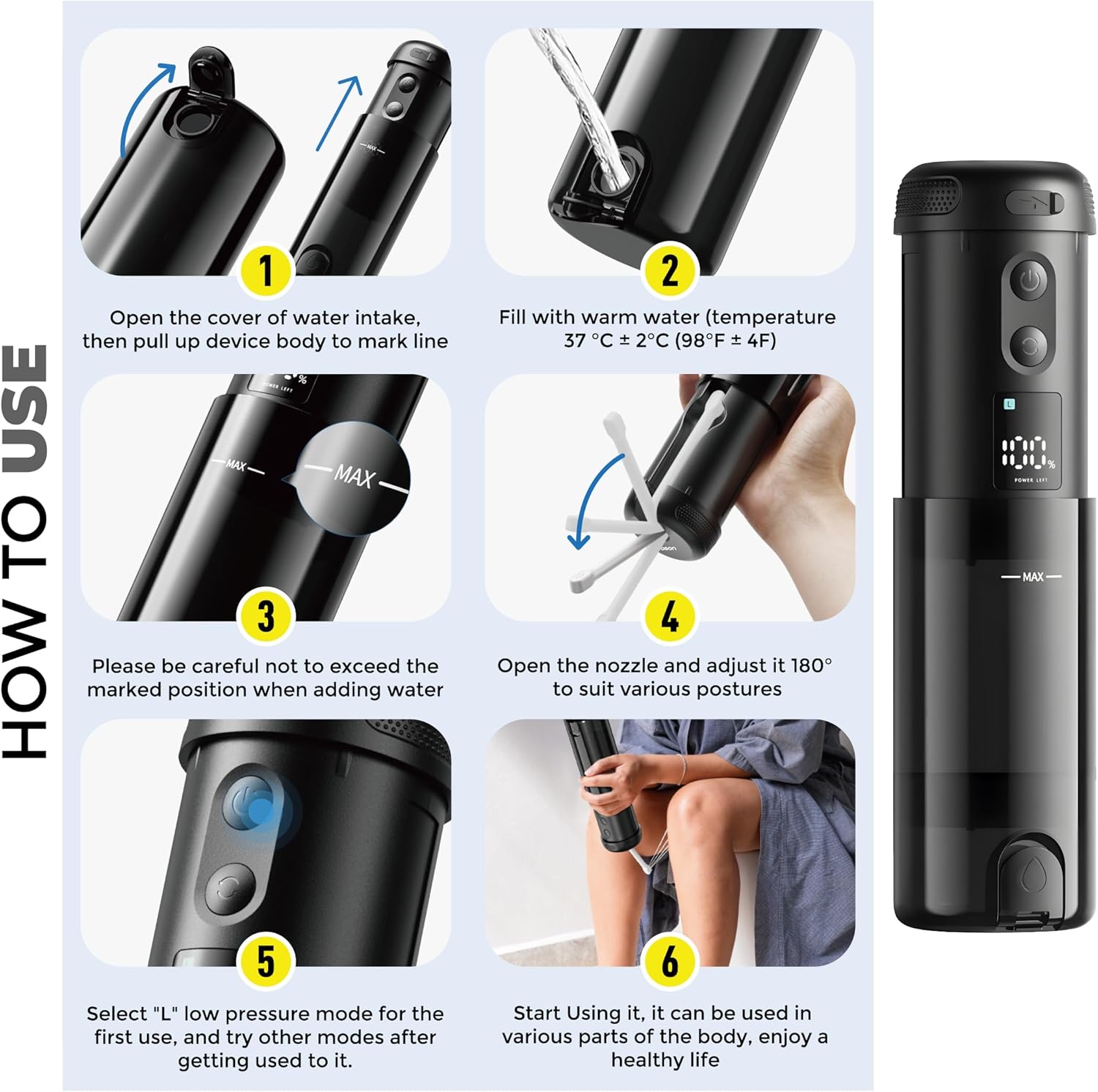 BSON Travel Buddy Pro Bidet - 180° Adjustable Nozzle, 5 Water Flow Modes, 8 Nozzles, 250ml Capacity, IP67 Waterproof, Long-Life Battery, Type-C Charging, Digital Display