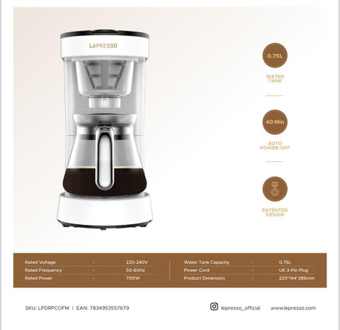 ليبرسو، ماكينة قهوة بالتقطير بمقبس BS سعة 0.75 لتر – باللون الأبيض