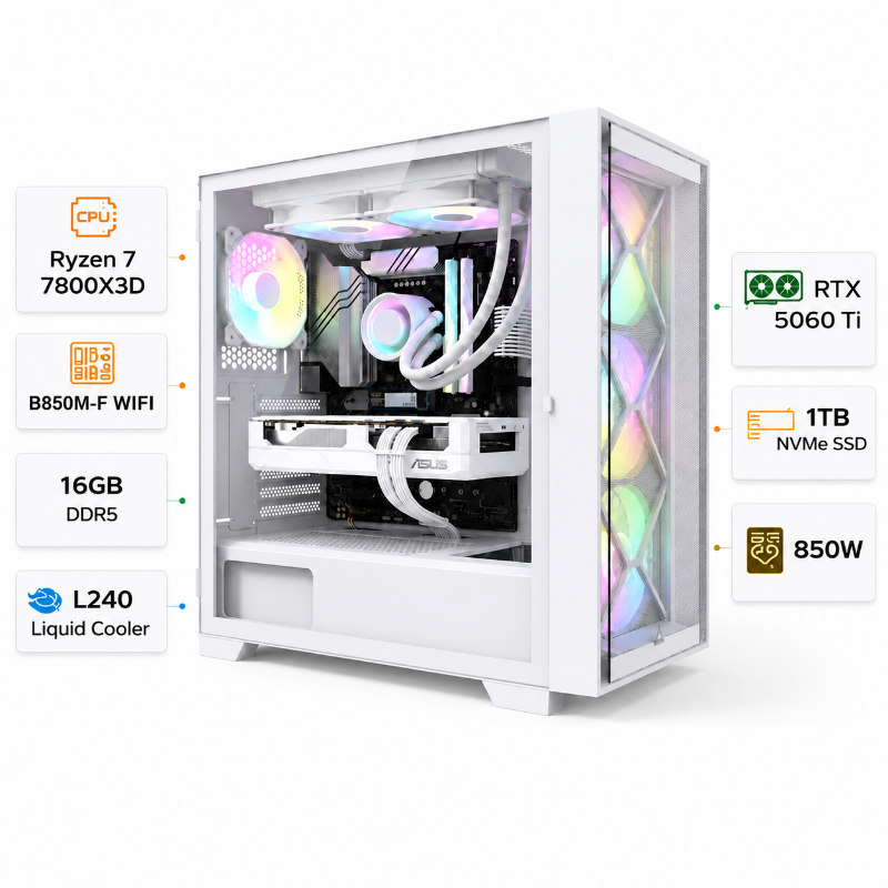 تجميعة كمبيوتر ألعاب قيمنق (Ryzen 7 7800X3D, RTX 5060 Ti 16GB) – رام 16 جيجابايت DDR5، هارد 1 تيرا بايت NVMe، مع نظام Windows 11 Pro