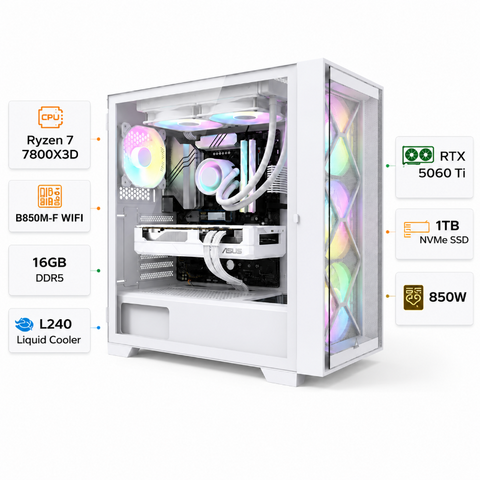 تجميعة كمبيوتر ألعاب قيمنق (Ryzen 7 7800X3D, RTX 5060 Ti 16GB) – رام 16 جيجابايت DDR5، هارد 1 تيرا بايت NVMe، مع نظام Windows 11 Pro