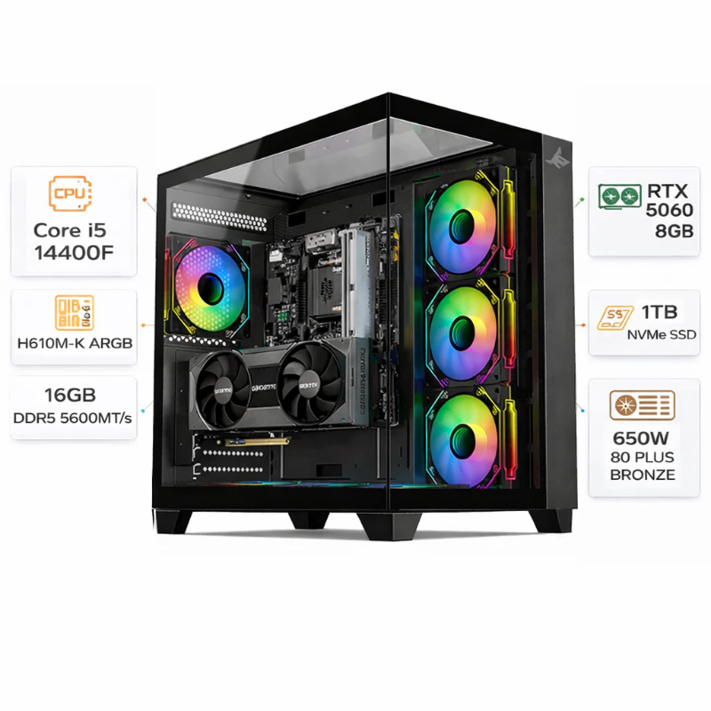 تجميعة كمبيوتر ألعاب قيمنق (Intel Core i5-14400F, RTX 5060 8GB) – رام 16 جيجابايت DDR5 (2x8)، هارد 1 تيرا بايت SSD، مع نظام Windows 11 Pro