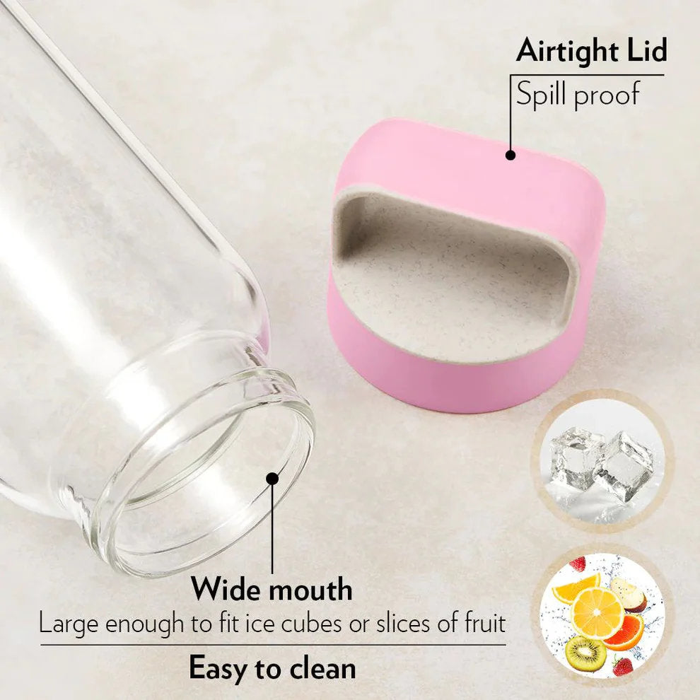 Borosil Borosilicate Glass Water Bottle with Leakproof Airtight Lid, Fridge Safe Wide Mouth Clear Bottle