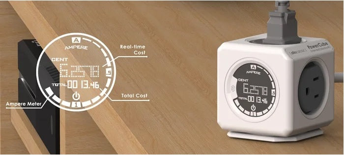 PowerCube Extended Monitor UK بطول 1.5 م – مشترك كهرباء مكعّب بـ4 مقابس مع شاشة لقياس استهلاك الطاقة