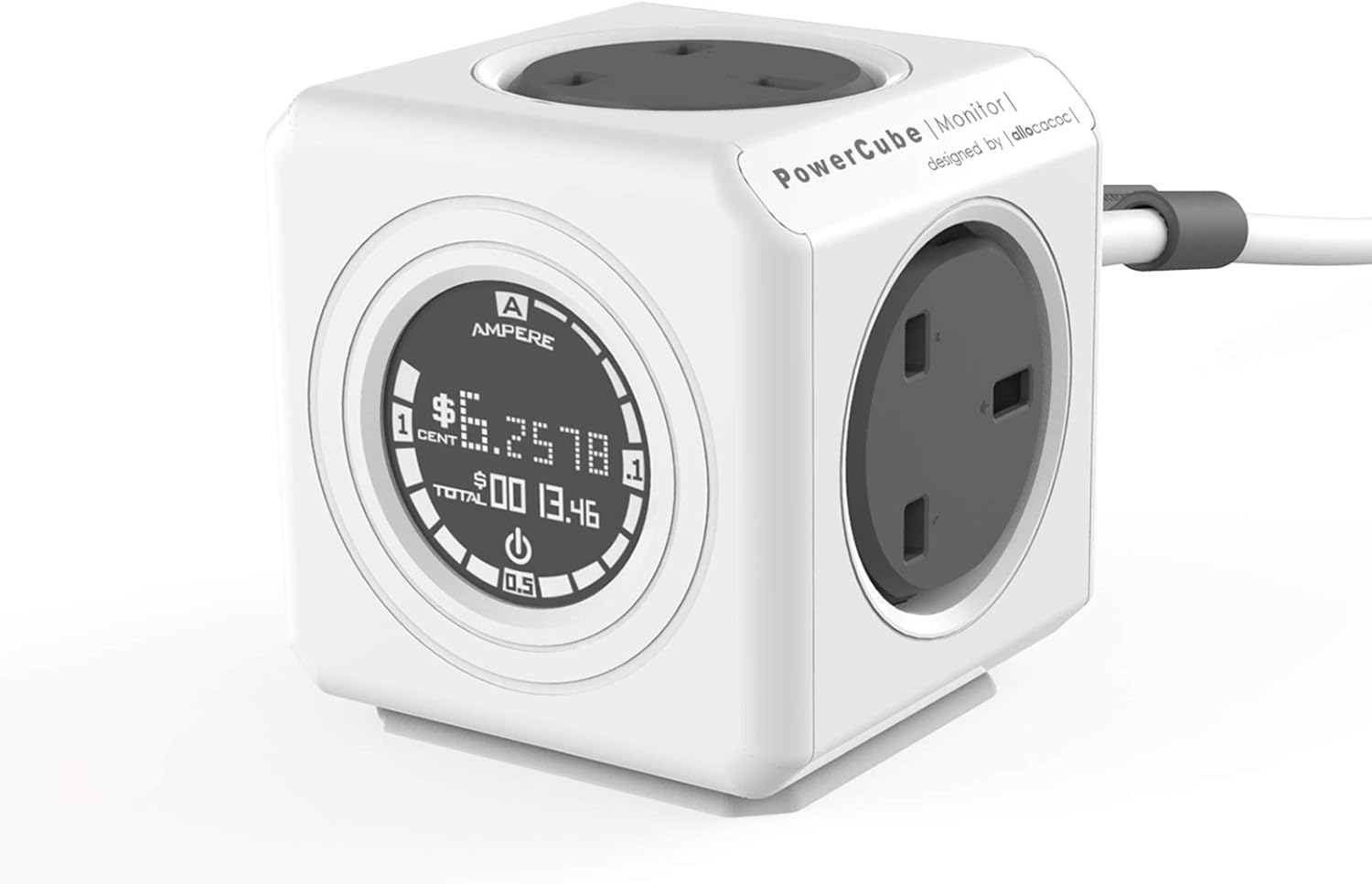 PowerCube Extended Monitor UK بطول 1.5 م – مشترك كهرباء مكعّب بـ4 مقابس مع شاشة لقياس استهلاك الطاقة