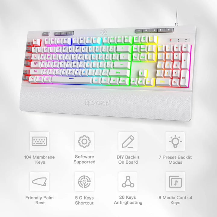ريدراجون K512، لوحة مفاتيح ألعاب سلكية بغشاء وإضاءة خلفية RGB مع مفاتيح وسائط متعددة