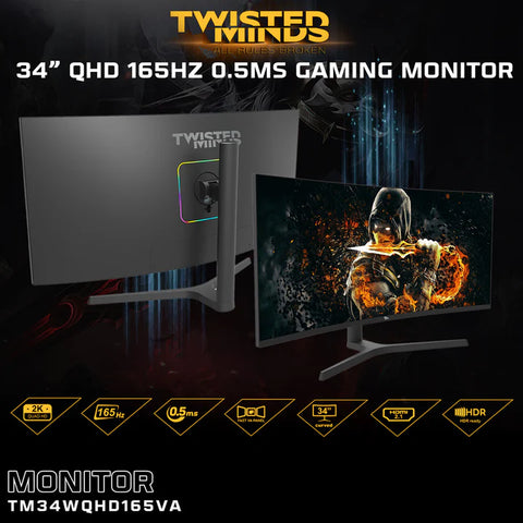 Twisted Minds 34''  WQHD, 2K, 165Hz, 0.5ms, HDMI 2.1, VA Curved Gaming Monitor