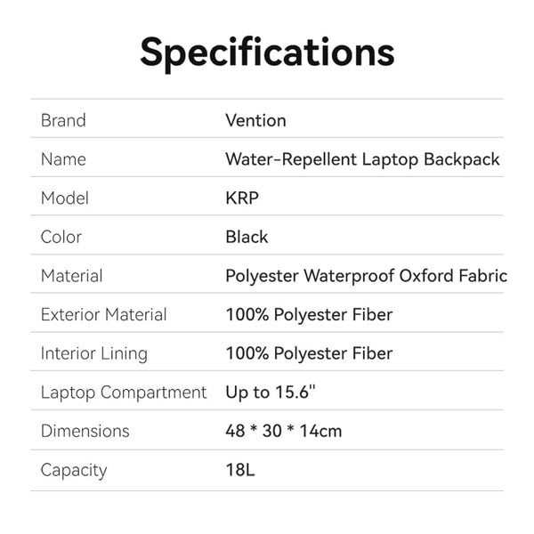 Vention Water-Repellent Laptop Backpack (43cm x 30cm x 14cm) Black