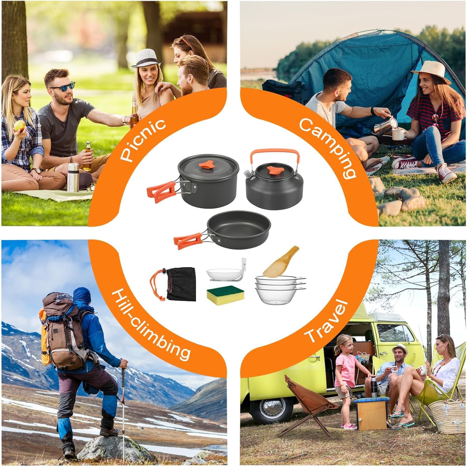 3-Piece Aluminium Camping Cookware Set with Pot, Pan, Teapot & Storage Bag