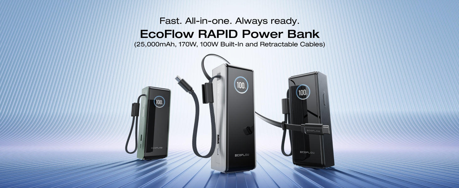 EcoFlow RAPID Power Bank (25,000mAh, 170W, 100W Built-In and Retractable Cables) - Black
