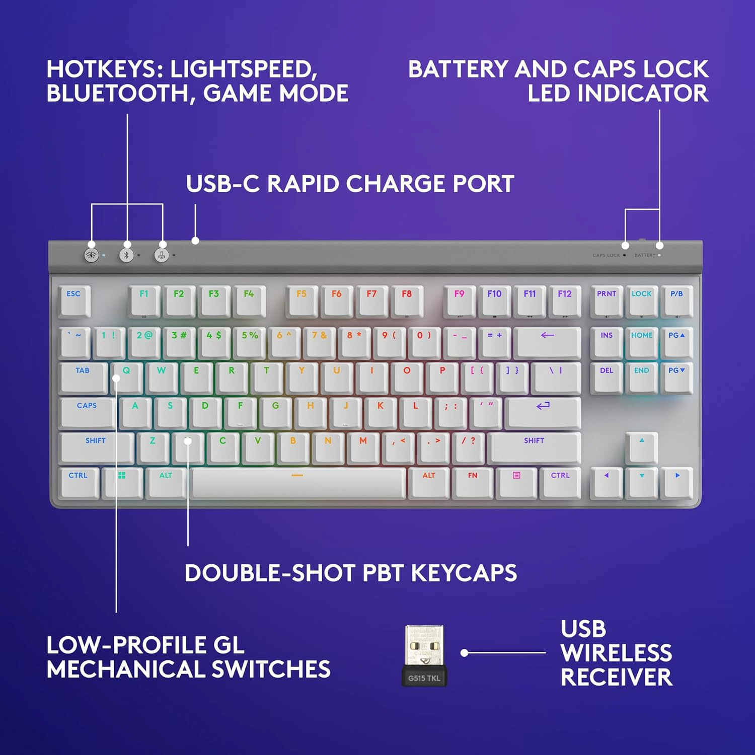 Logitech G515, TKL LIGHTSPEED Low-Profile Wireless Gaming Keyboard Tactile Switch