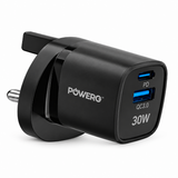 شاحن Powero+ Vega بتقنية GaN ومنفذين بقدرة 30W - أسود