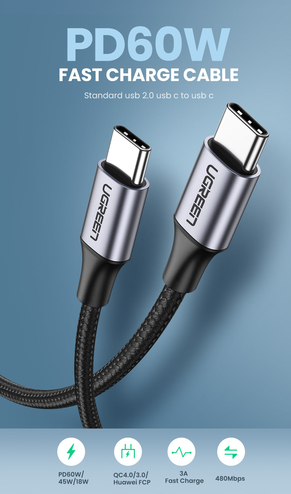 UGREEN US261, USB-C to USB-C Round Cable Nickel Plating Aluminum Shell 1m - Gray & Black