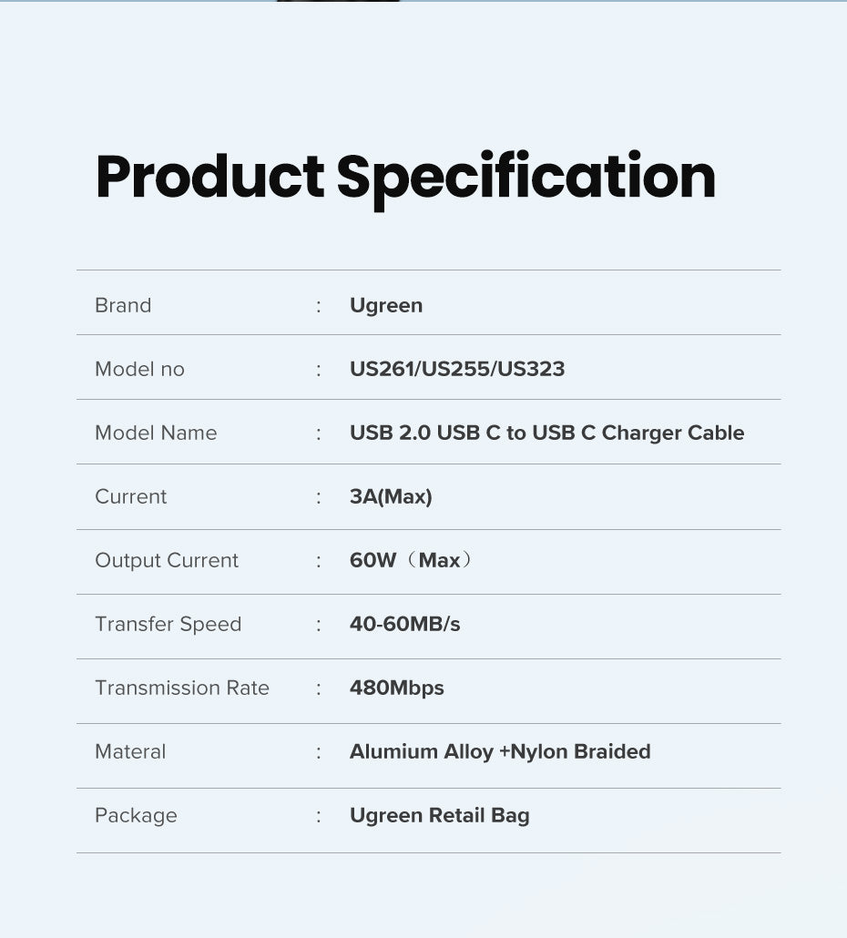 UGREEN US261, USB-C to USB-C Round Cable Nickel Plating Aluminum Shell 1m - Gray & Black