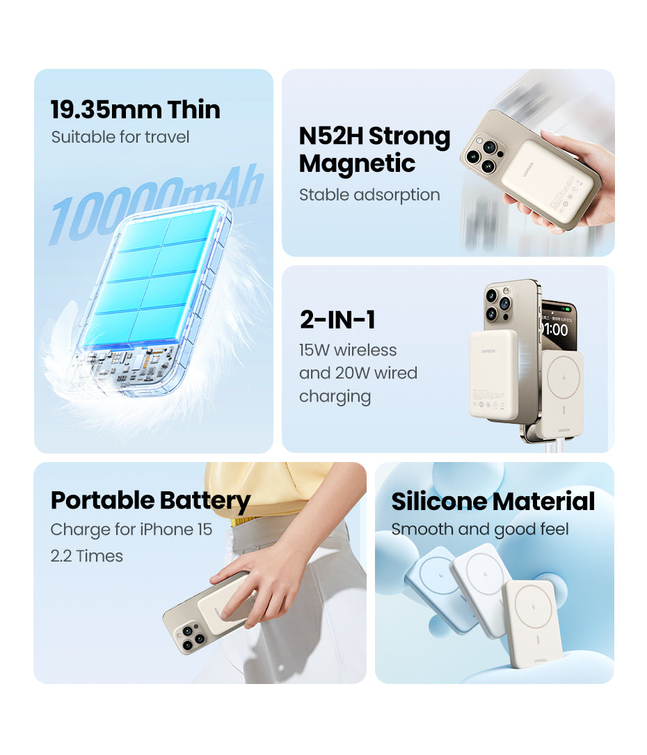 UGREEN 10000mAh PD-20W Magnetic Wireless15W Power Bank Beige PB561