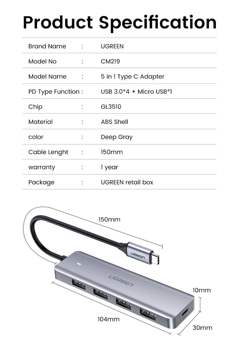 UGREEN CM219, 4-Port USB3.0 Hub with USB-C Power Supply