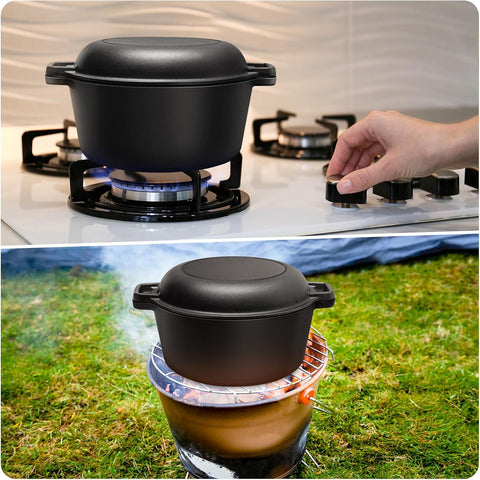 Westinghouse 5-Quart Pre-Seasoned Cast Iron Dutch Oven with 10.25-Inch Skillet Lid – Black