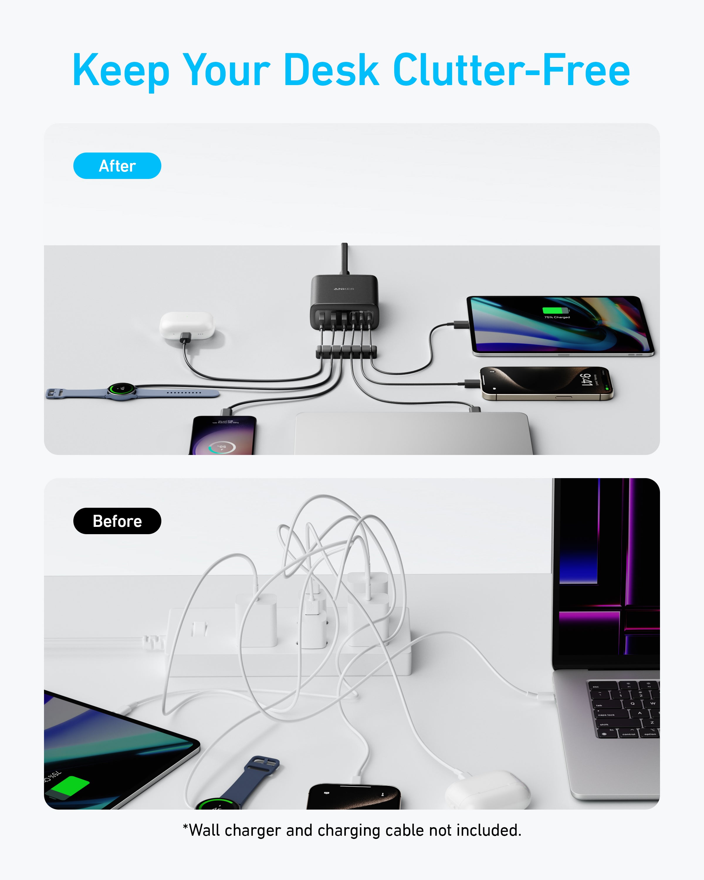 شاحن أنكر 112 واط 6 منافذ GaN – محطة شحن مكتبية 3 USB-C و3 USB-A (أسود)