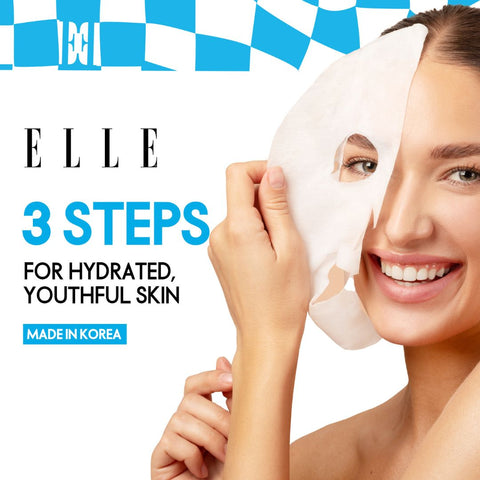 Korean ELLE Anti-Aging Hyaluron Moisture Mask 3-Step Care Kit - Hydrating Ampoule, Moisture-Boosting Mask, Night Cream - Deep Hydration, Skin Firming, Wrinkle Reduction, All Skin Types- 4 Packs
