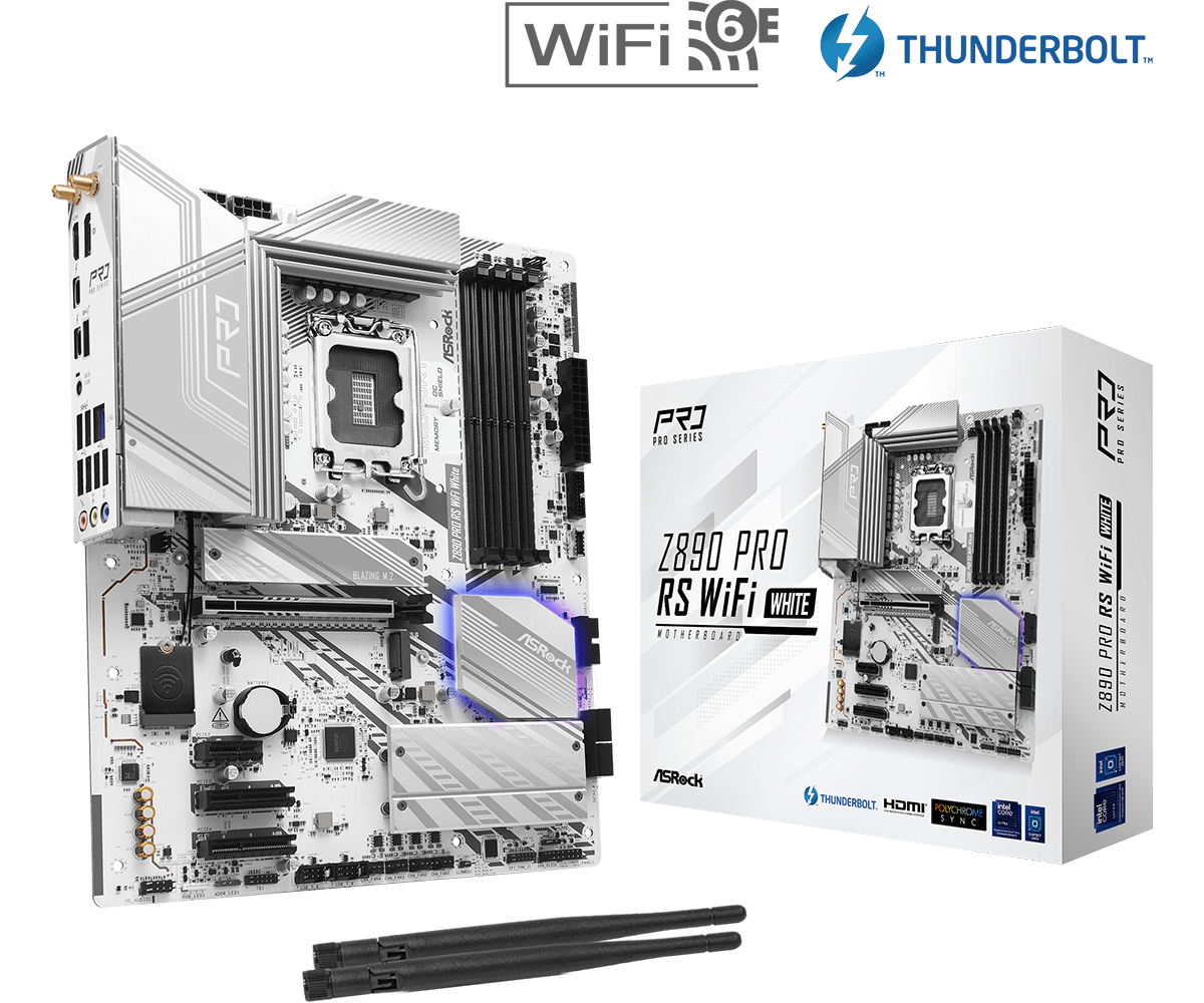 أس روك Z890 Pro RS WiFi وايت - لوحة أم Intel LGA1851 ATX، DDR5، WiFi 6E، Thunderbolt 4