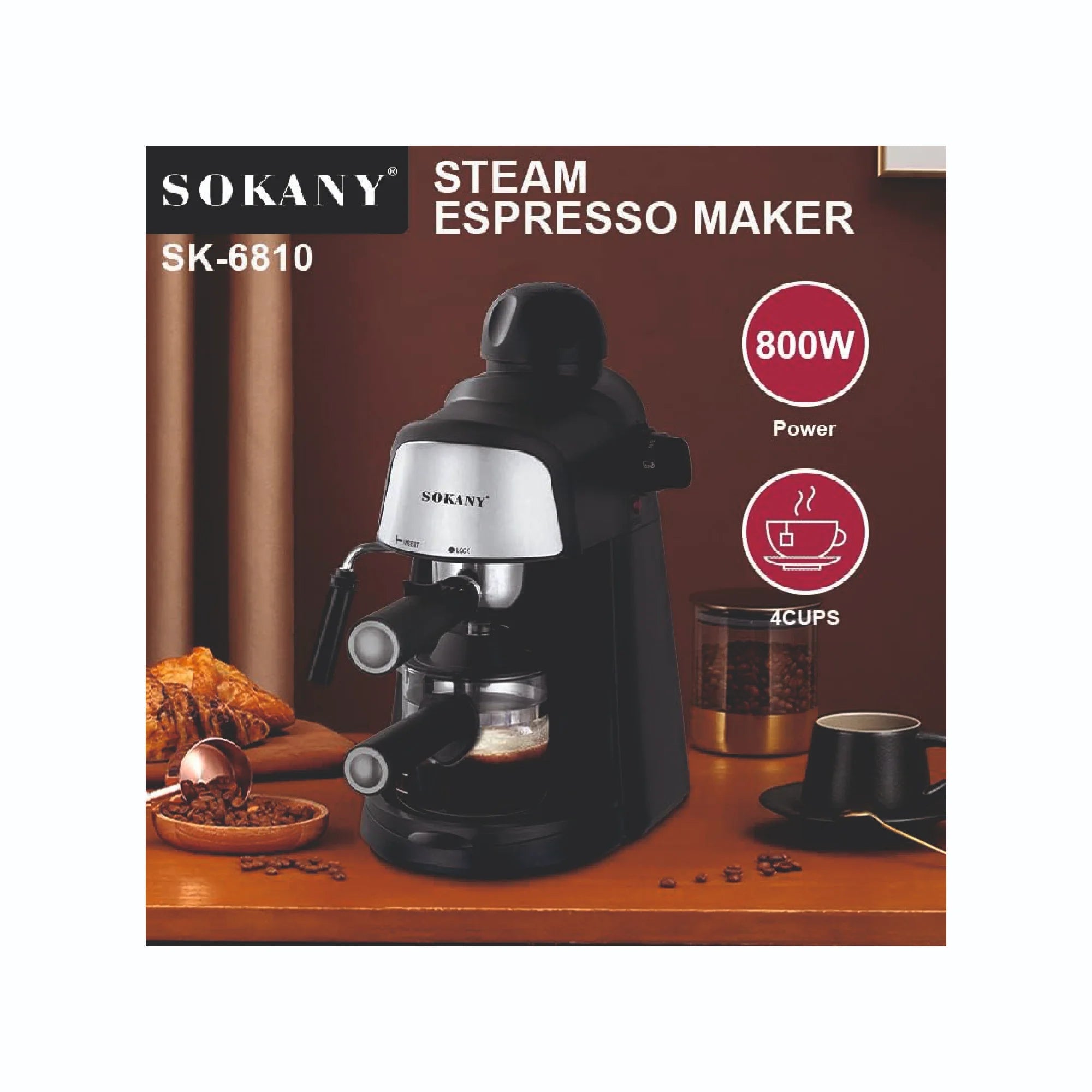SOKANY Steam Espresso Maker Coffee Machine 800W with Safety Valve (Model SK-6810)