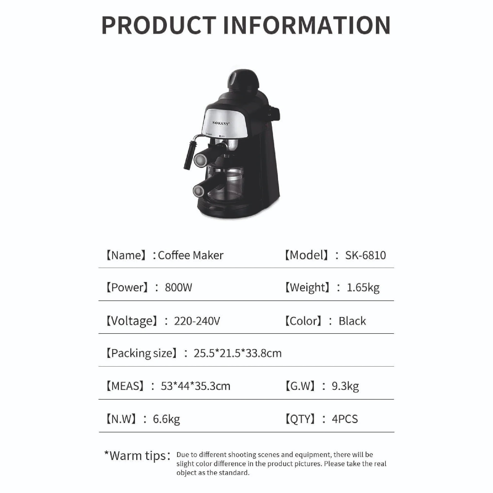SOKANY Steam Espresso Maker Coffee Machine 800W with Safety Valve (Model SK-6810)