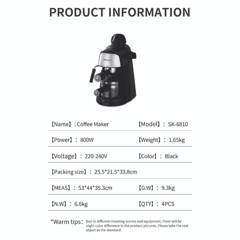 SOKANY Steam Espresso Maker Coffee Machine 800W with Safety Valve (Model SK-6810)